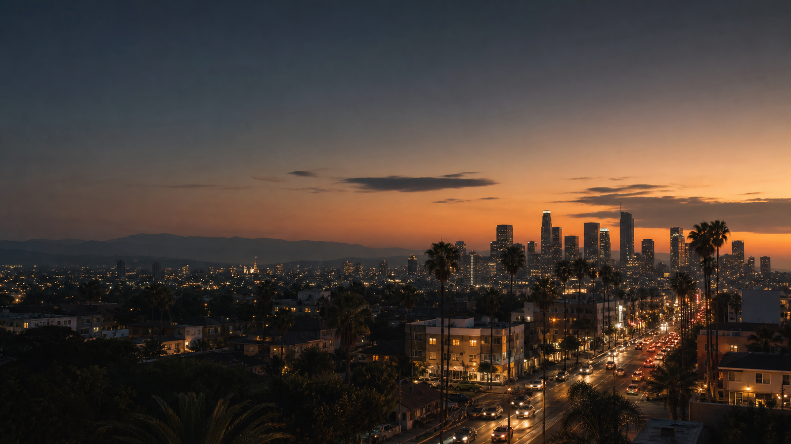 Los Angeles at blue hour, with downtown, palm trees, and a glowing boulevard